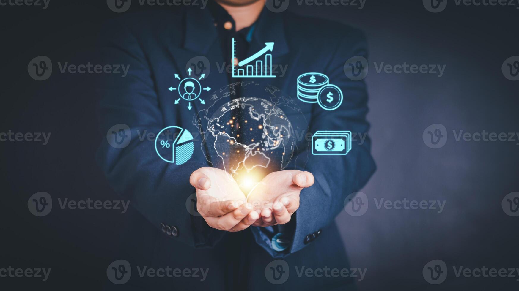 Businessman holding global network connection on social networking and customer data analytics photo