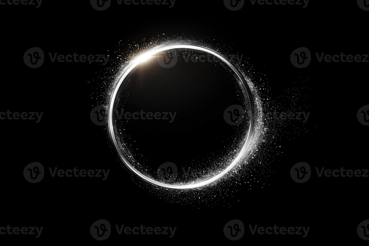 Glowing circular white frame with radiant particles on black background photo