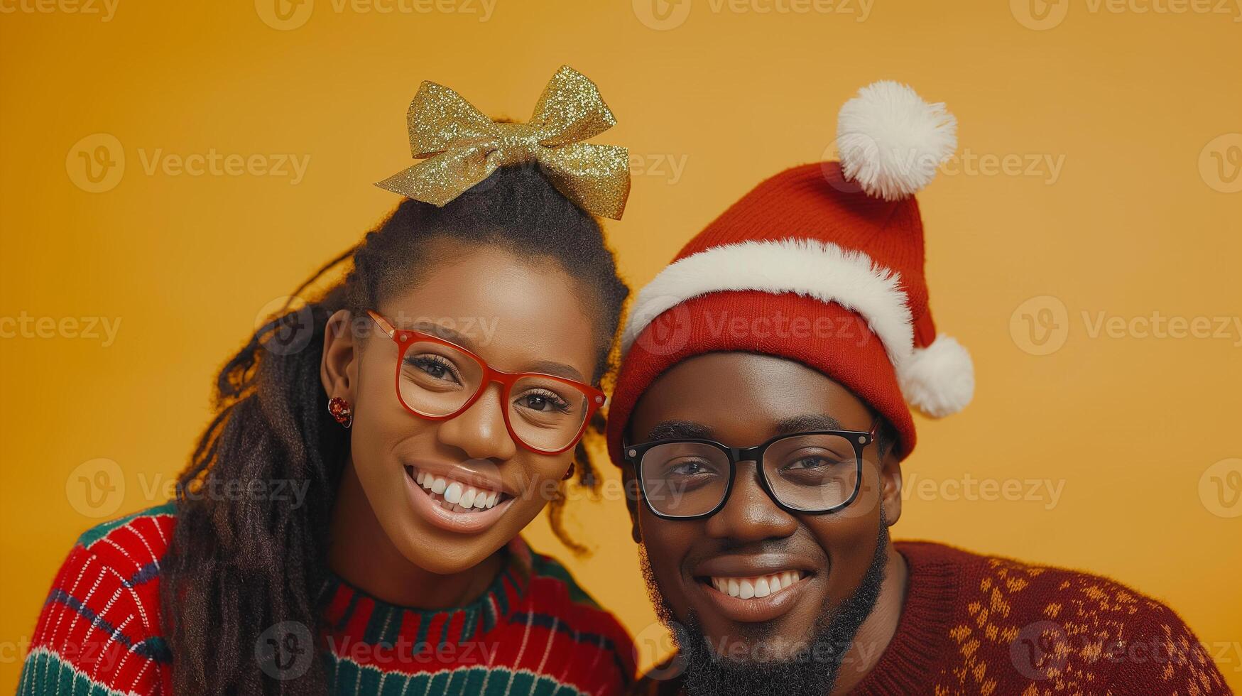 Happy couple smile on christmas day on yellow background photo