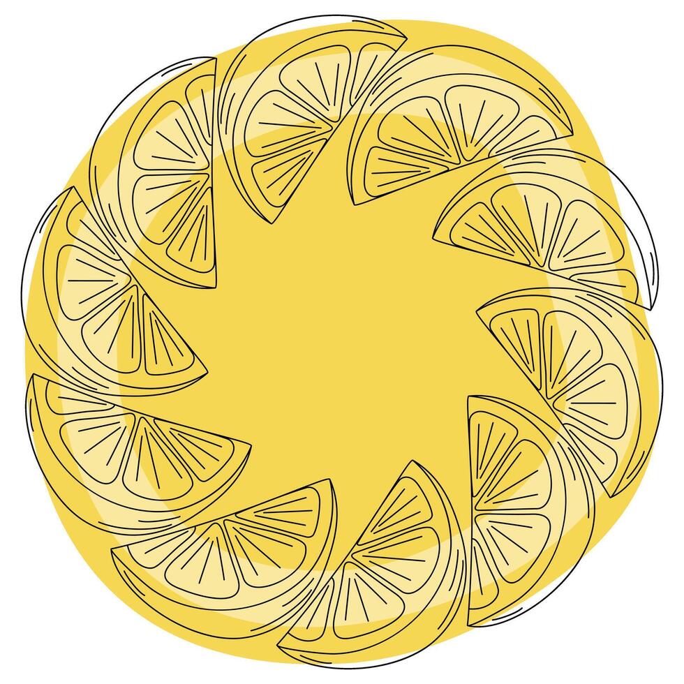 Outline citrus slices and abstract yellow spot Round frame border in trendy minimalism. Copy space. Isolated illustration Cards, poster, leaflets, banner, greetings, price, label or web promo vector