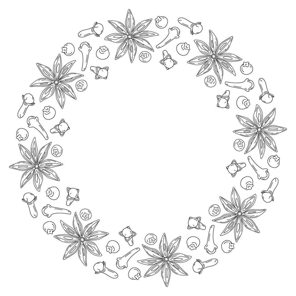 Outline Star Anise, Clove and Allspices Round Frame border with Copyspace. Lettering template idea. Isolated illustration Inscriptions, Thematic cards, poster, leaflets, banners, labesl or web vector
