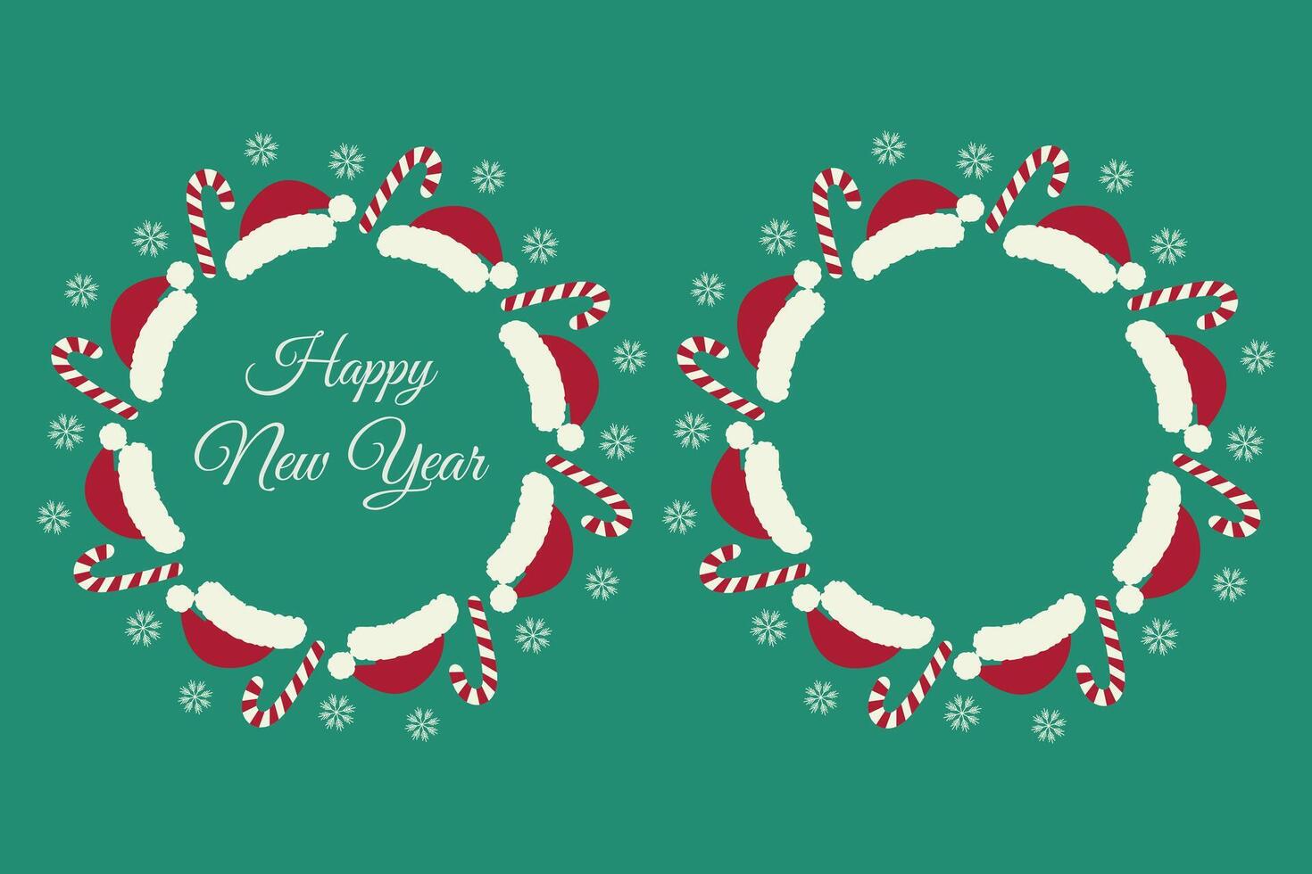 Happy New Year Round Frame with inscription, candy cane and snowflakes and template with copy space. Set of 2 Isolated on emerald illustration Cards, poster, flier, leaflet, label or web promo vector