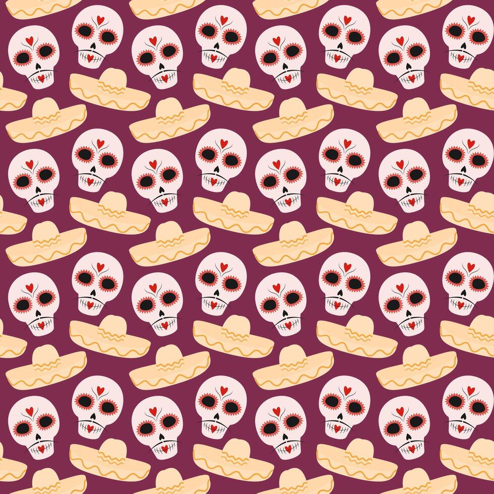 Painted Sugar Skulls with mustache and sombrero Seamless pattern Day of the dead festive background. Isolated illustration Wrapping, wallpaper or web, cards, posters, banner, greeting or labels vector