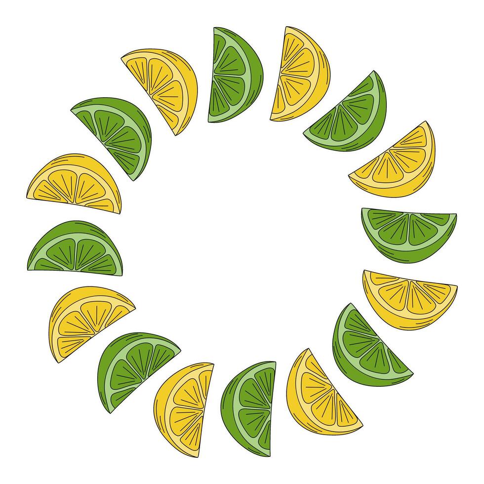 Lemon and lime wedges Circle Frame border in trendy bright shades. Copy space Greeting card template. Isolated illustration Cover, posters, leaflets, banners, brochures, price tag, label or web vector