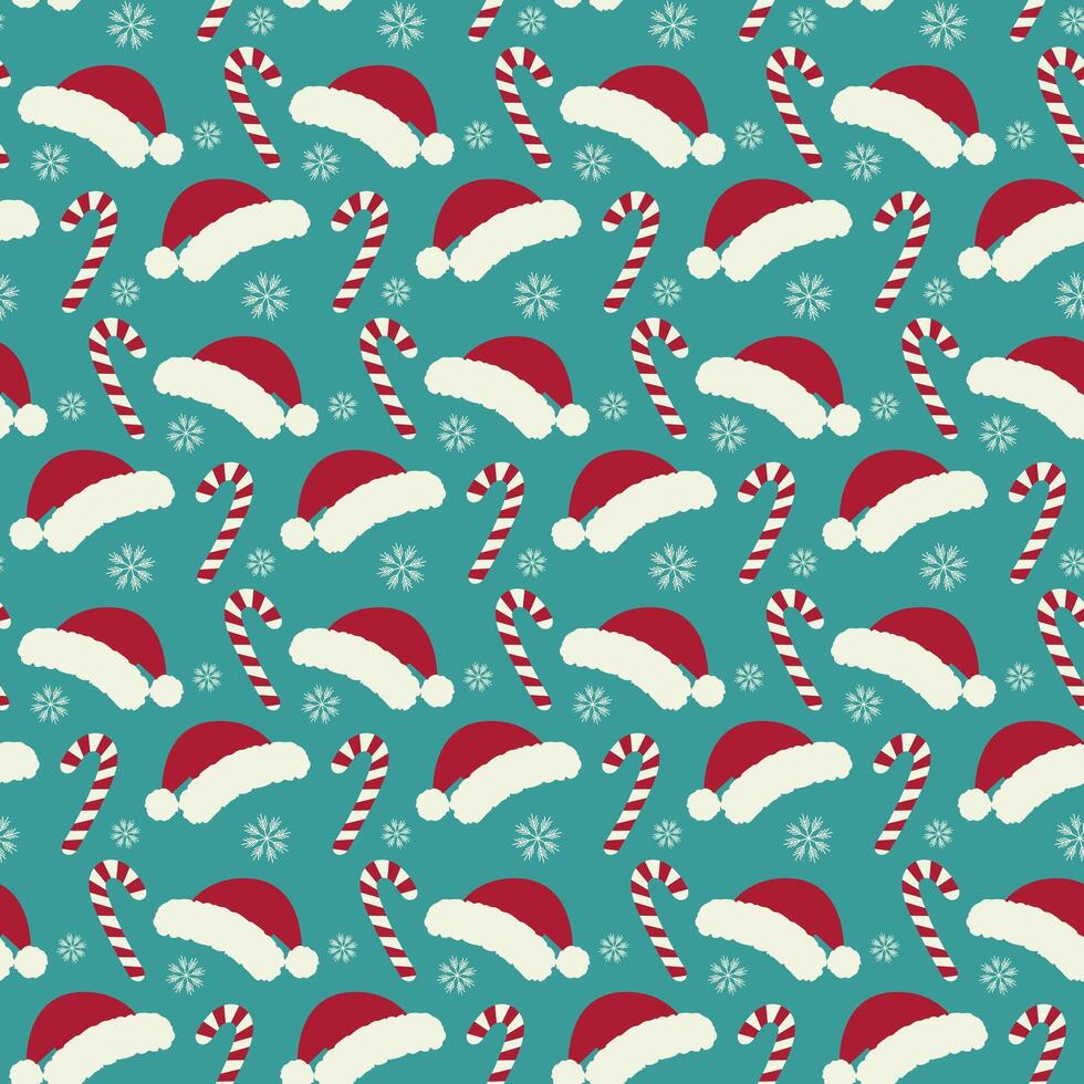 Striped Candy Cane, Santa hats and different sizes snowflakes Seamless pattern. Christmas background. Isolated illustration Wrapping or web, Thematic cards, posters, social media, web promos vector