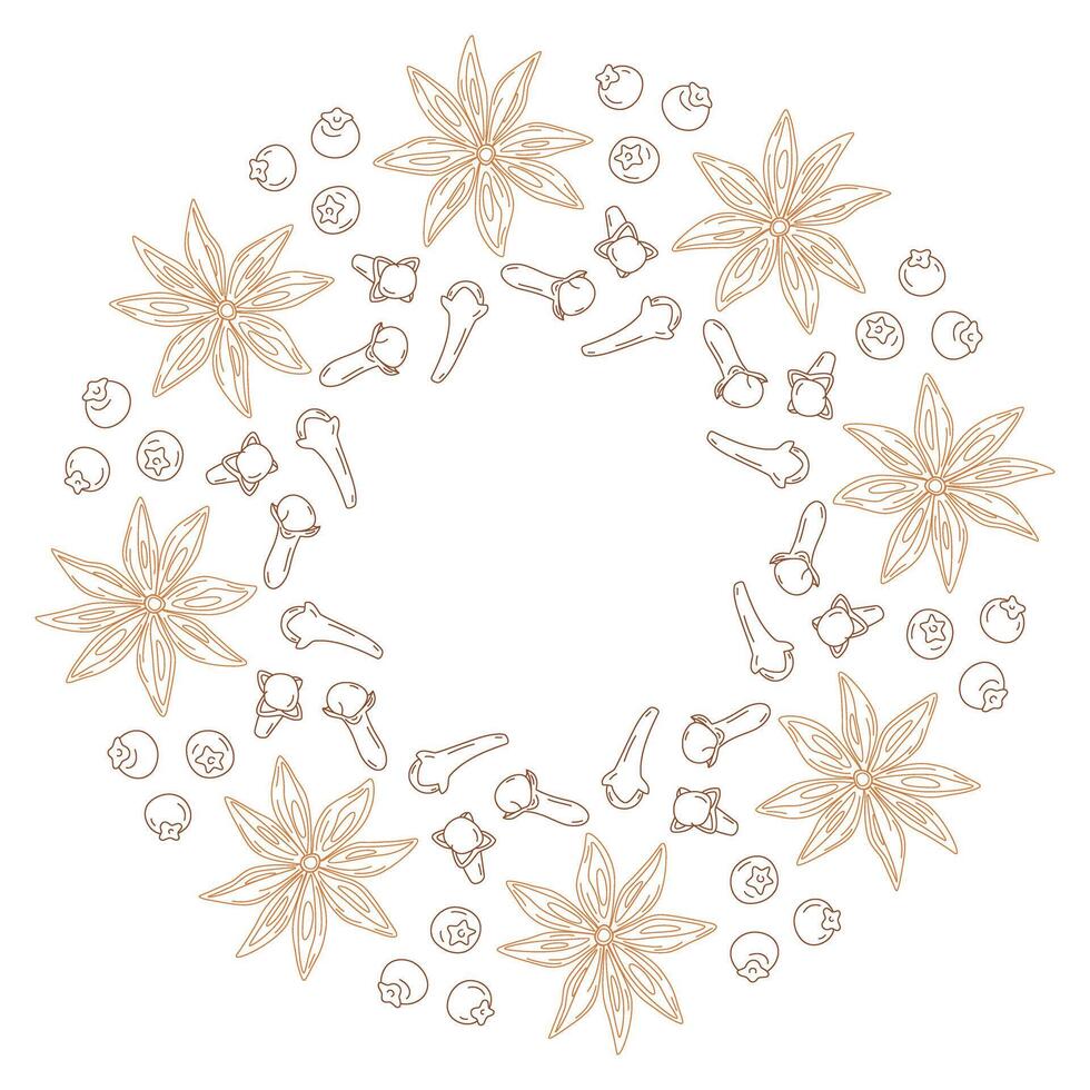 Star anise, cloves and allspice Round frame border idea Copyspace. Hand drawn spices for mulled wine in trendy soft brown. Copy space. Isolated illustration Cards, posters, banner or web promo vector