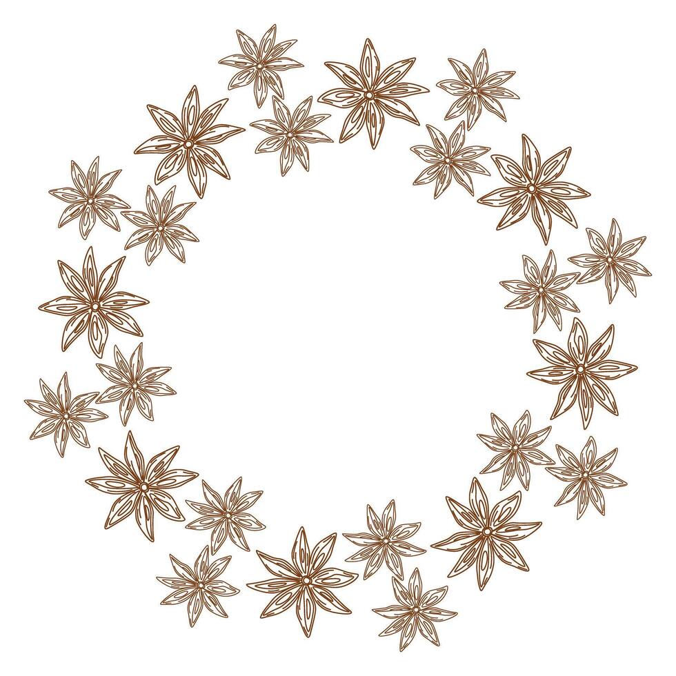 Outline Star Anise in trendy soft brown Round Frame border. Copy space. Spice Day greeting template. Isolated illustration Cards, poster, leaflets, banner, brochures, price, label or web promo vector