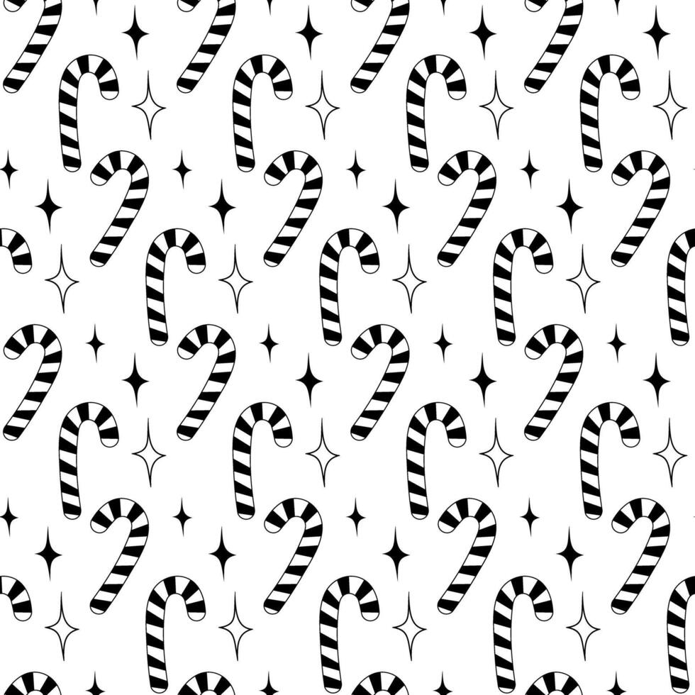 Candy Cane and decorative stars Seamless pattern Hand drawn doodle illustration in trendy minimalism. Isolated illustration Wrapping, wallpaper or web covering, poster, banner, brochures, label vector