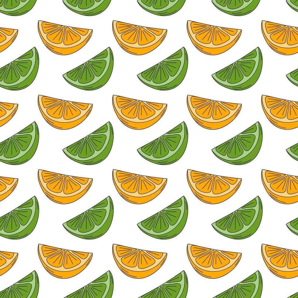 Lime and orange slice Seamless pattern in trendy green and orange. Isolated on white Background idea. Isolated illustration Wallpaper, wrapping or web promo, cards, posters, banners, greetings vector