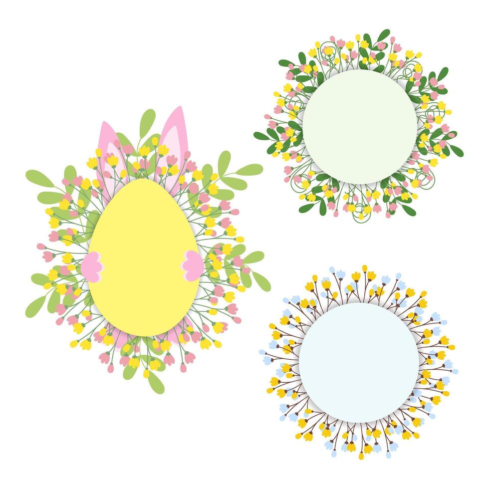 Egg shape with blossom twigs, hided bunny and circle frames with spring twigs. Lettering template Set of 3. Copy space. Isolated illustration Easter greeting cards, poster, leaflet promo or web vector