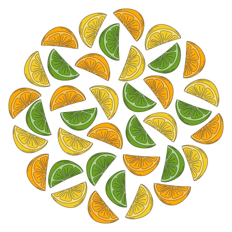 Colorful Lemon, lime and orange slices in trendy minimalistic style. Round Backdrop texture. Pop Art. Isolated illustration Cards, poster, leaflets, banner, greetings, price, label or web promo vector