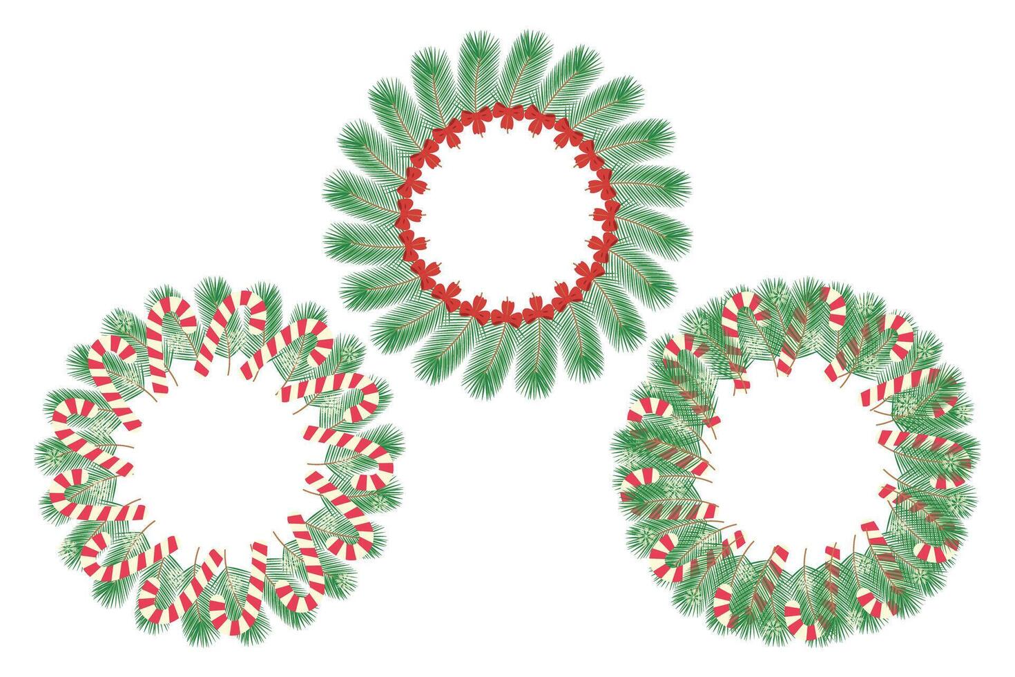 Pine branches with striped candy cane, snowflakes and bow ribbon Circle Christmas Frames. Copy space. Set of 3 illustration Cards, poster, leaflets, banner, greetings, price, label or web promo vector