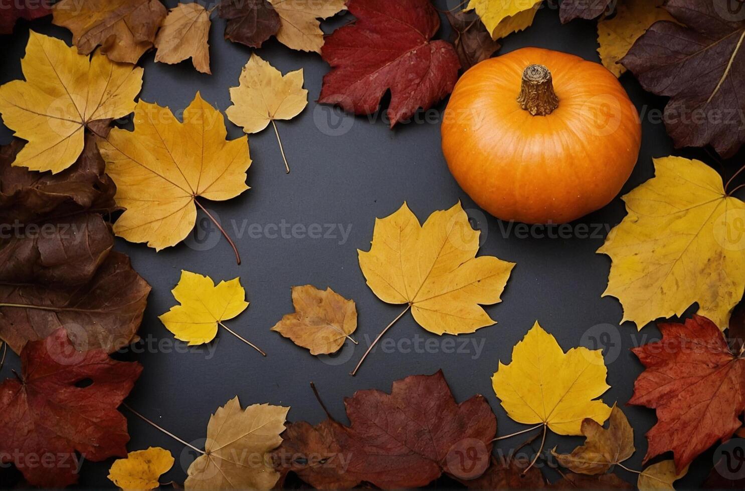 Orange Pumpkin Surrounded by Autumn Leaves photo