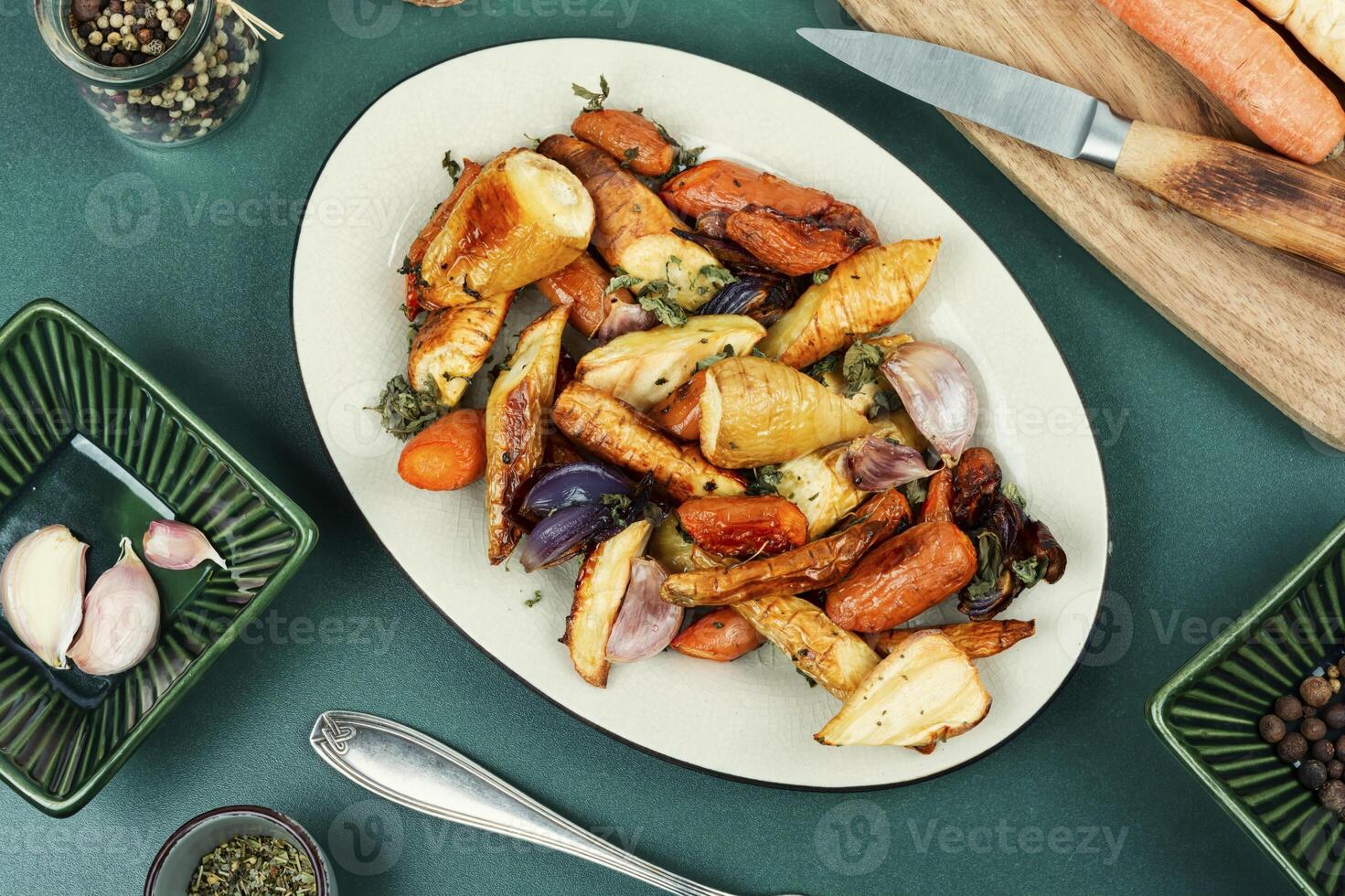 Delicious roasted root vegetables for dinner. photo