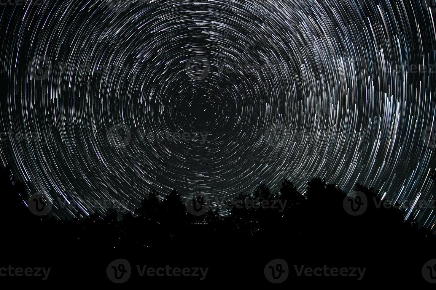 Long exposure captures the mesmerizing star trails circling around the North Star, set against a dark forest backdrop in a serene location. photo
