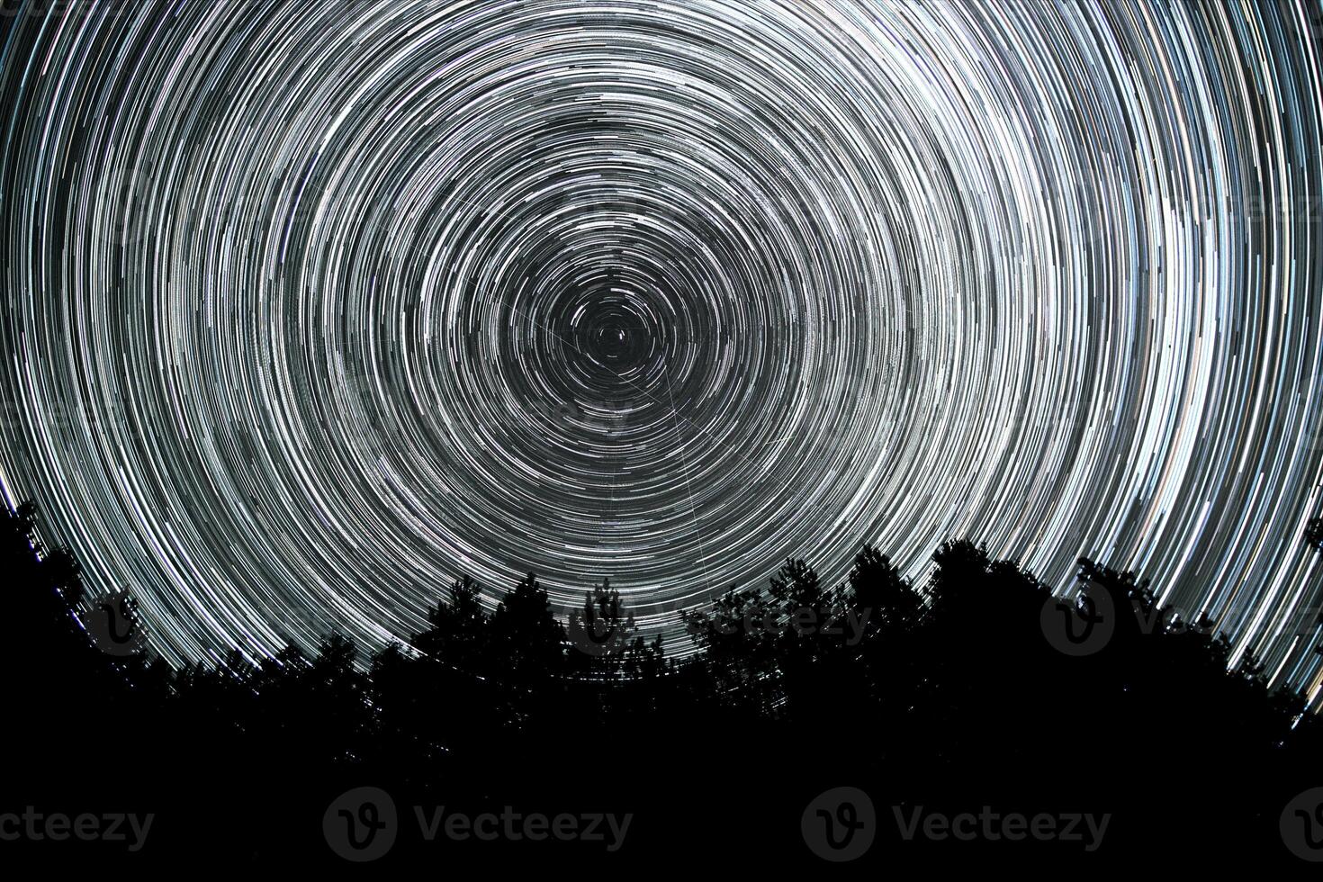 Star trails in the night sky. Stars move around a polar star. Silhouettes of trees photo