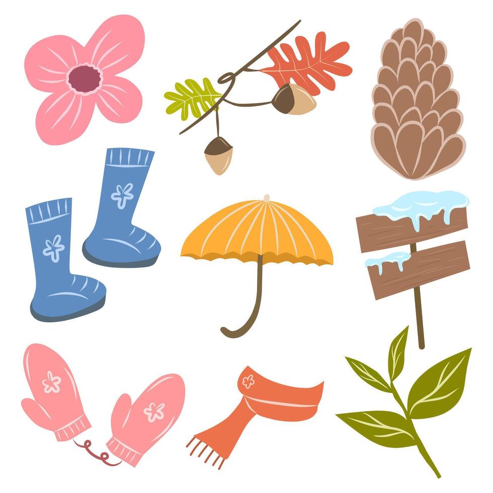 Doodle hand drawn of flower, acorn, umbrella boots, gloves, leaf, scarf, pine and signboard isolated. Winter stuff set illustration. vector