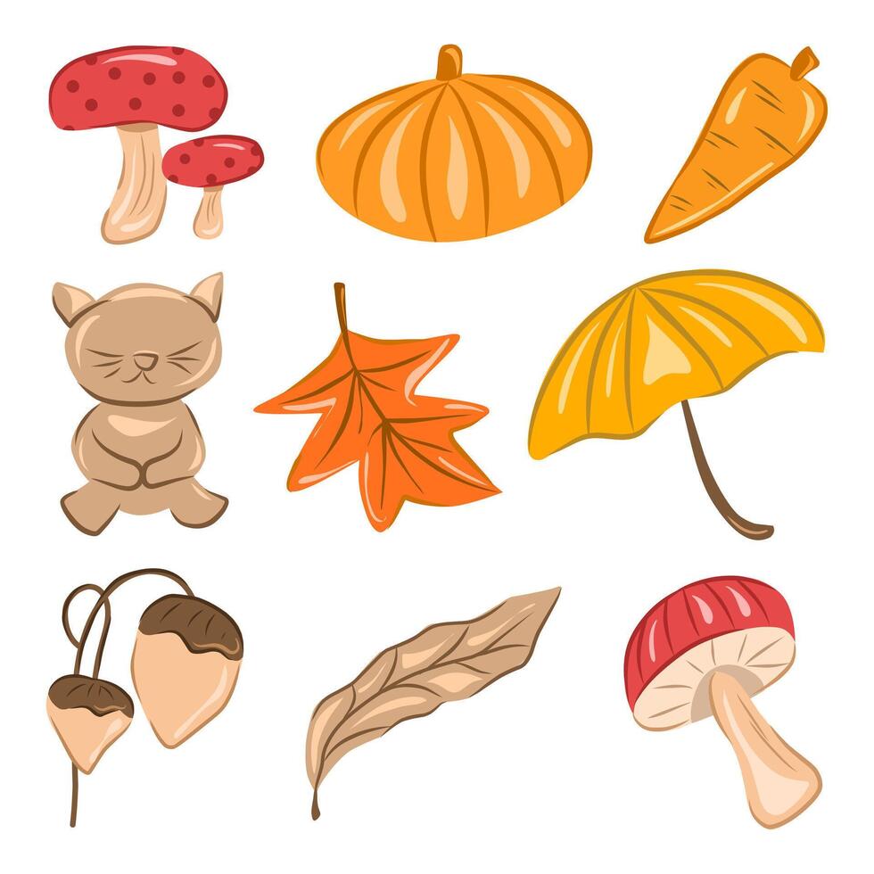 Doodle hand drawn of pumpkin, mushroom, carrot, maple leaf, umbrella, acorn, bear, and dry leaf isolated on white background for print or sticker. vector