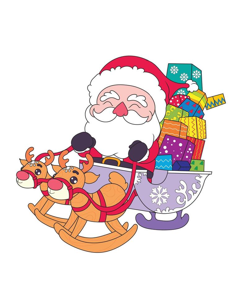 Santa cartoon riding a sleigh full of Christmas gifts and pulled by two reindeer. suitable for stickers, and other design needs. vector