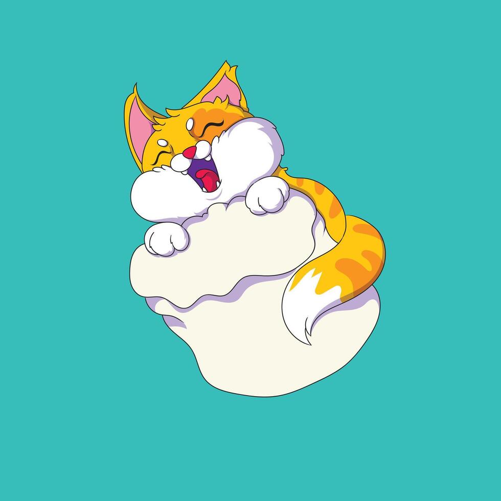 Cute orange cat Floating on Marshmallow Cloud with sky blue background. perfect for sticker. vector