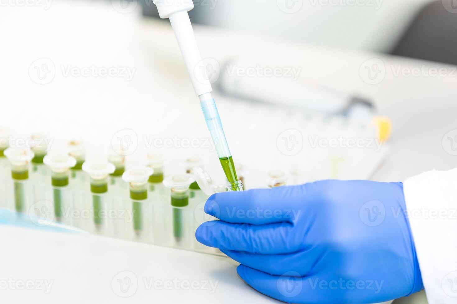 Scientist with dropper dripping liquid into a test tube in scientific laboratory, concept of pharmaceutical environment photo
