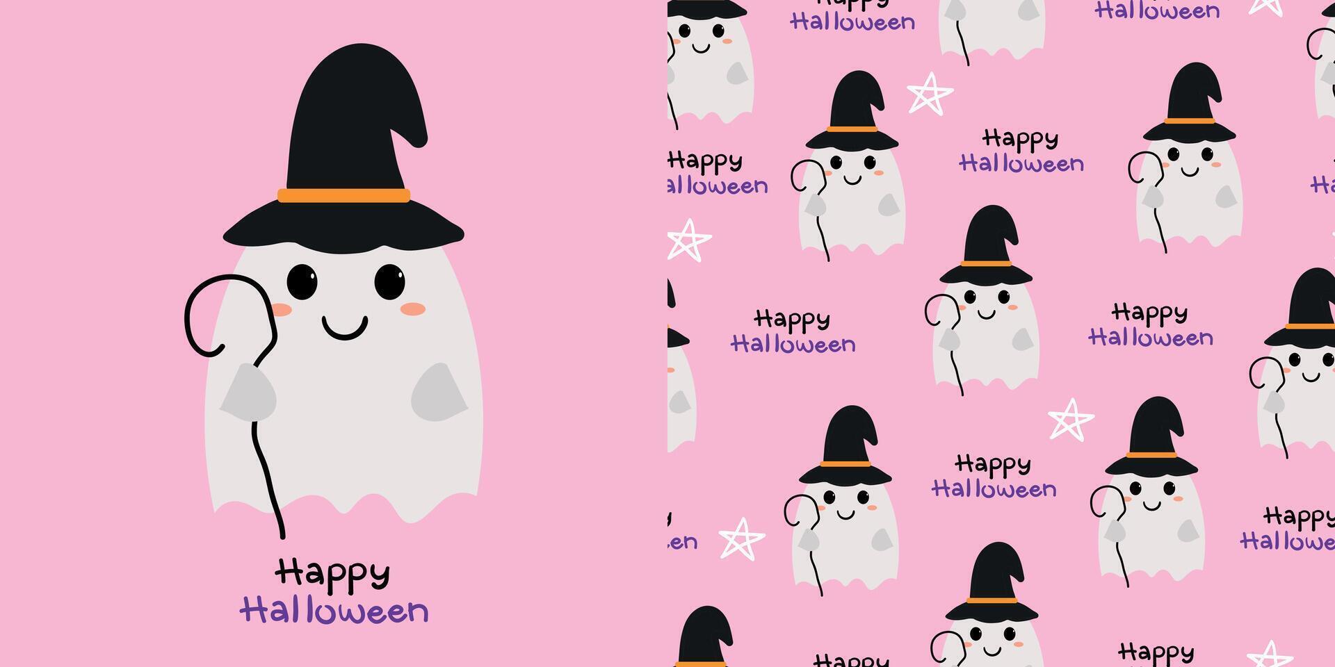 Cute ghost card halloween and Seamless pattern cartoon halloween ghost cute wallpaper for fabric print gift wrap paper vector