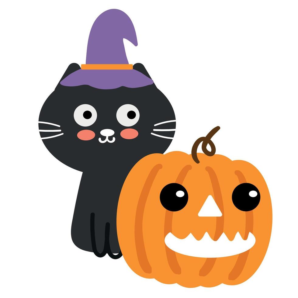 Cute card with a black cat wearing a cartoon witch hat and a pumpkin that is for halloween. cute halloween wallpapers and cards vector