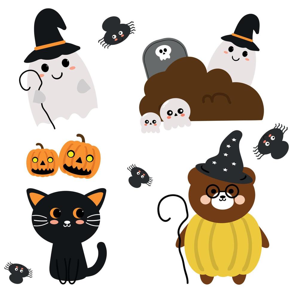 Hand drawing cartoon halloween sticker set. cute sticker for halloween vibes, doodle set vector