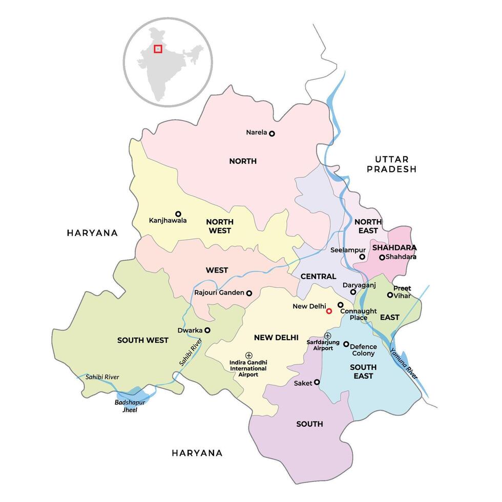 Delhi map district wise with river Yamuna vector