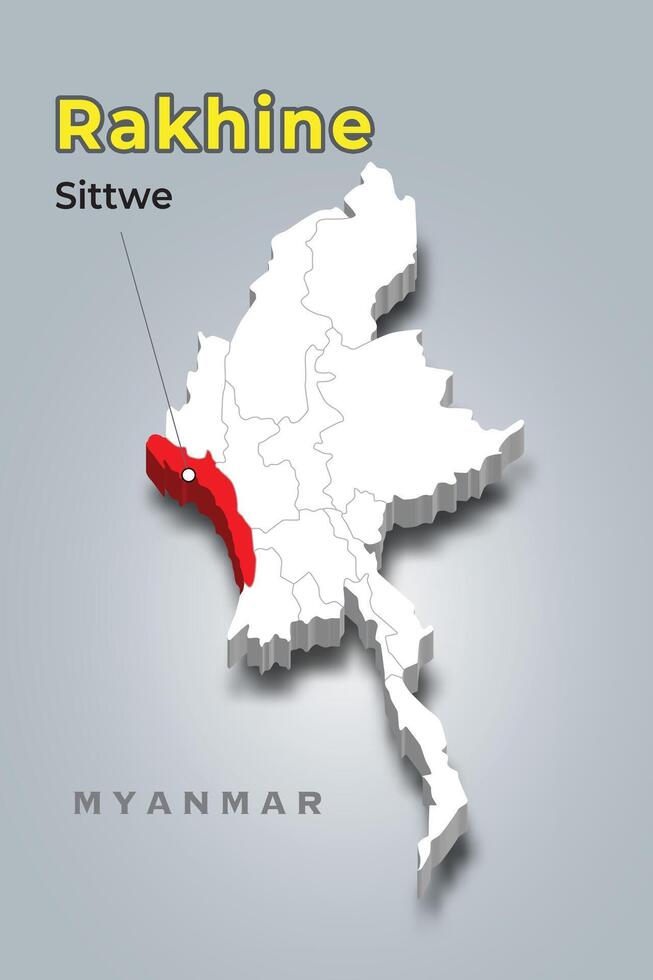 Myanmar 3d map with location of Rakhine vector
