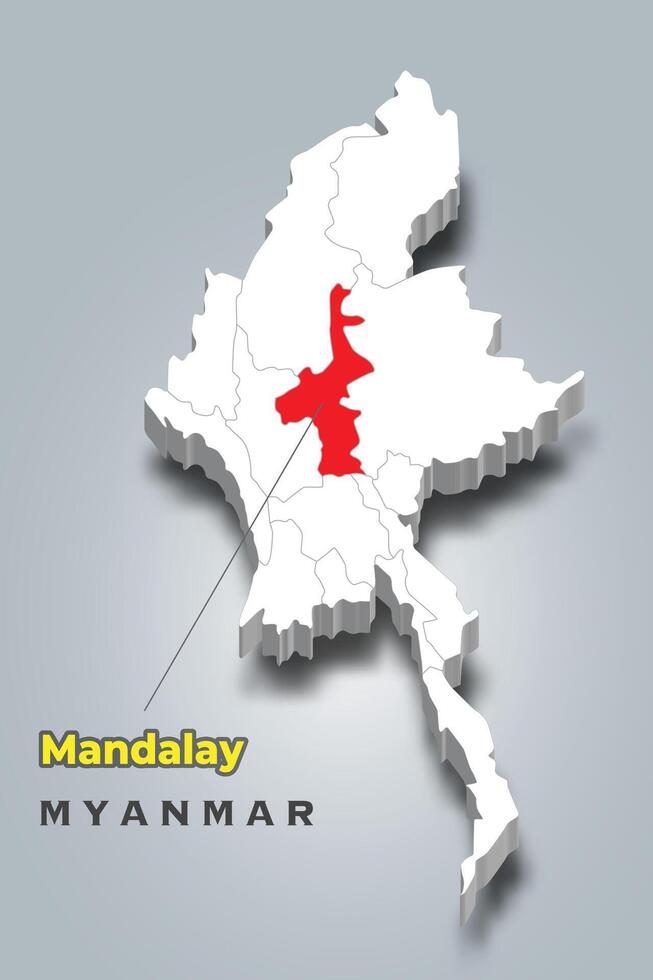 Myanmar 3d map with location of Mandalay vector