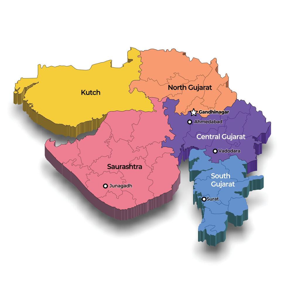 Detailed map of the 3d Gujarat region with capital Gandhinagar vector