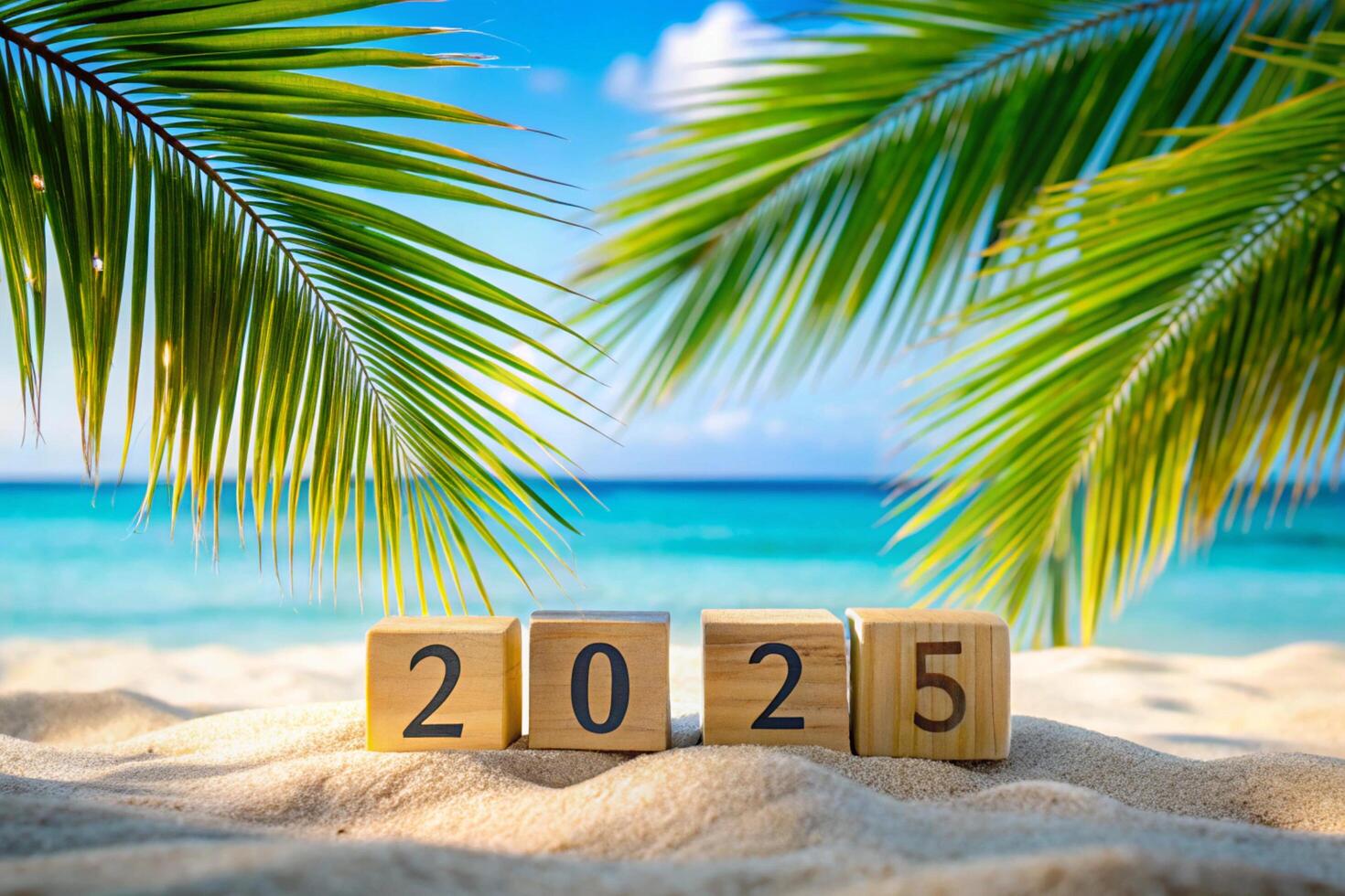 summer winter vacation holiday travel tourism greeting card - Happy new Year 2025, silvester, new year's eve background - year 2025 with champagne glasses and sparklers on sand at the ocean beach photo