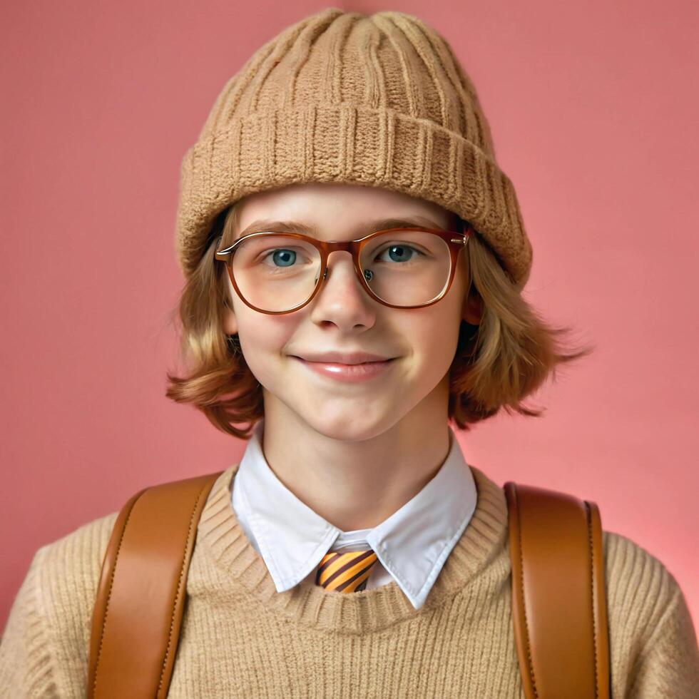 A young boy wearing glasses and a sweater photo