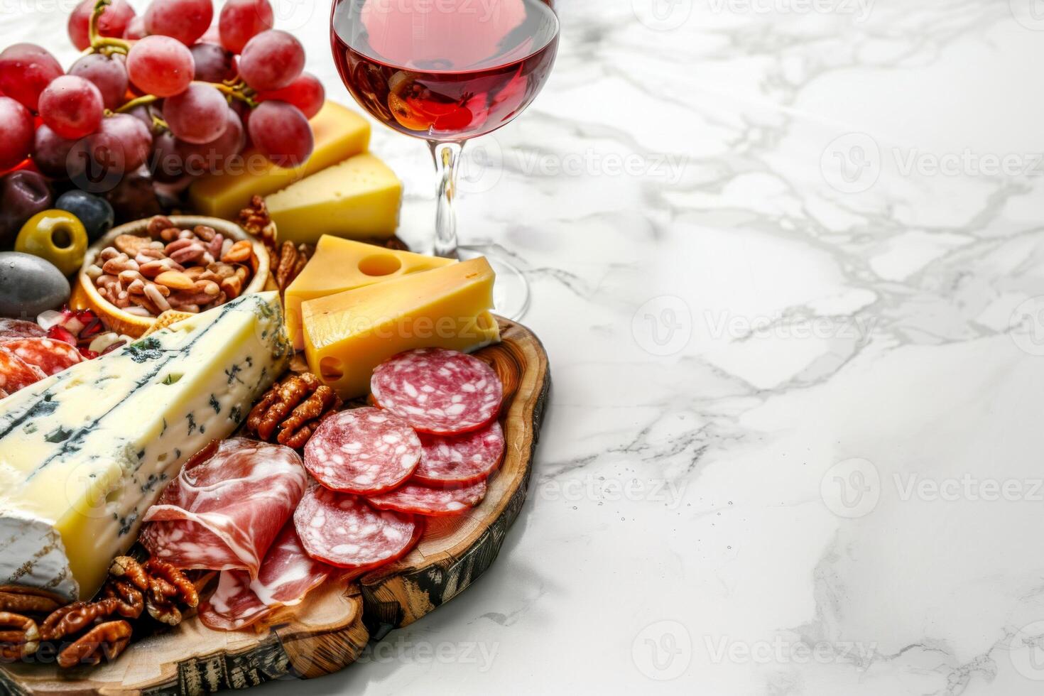 Cheese plate with snacks, prosciutto, fruits, wine on wooden table, flat lay view. Delicious appetizer board for party meal, gourmet dinner. European assortment of natural organic diary products. photo