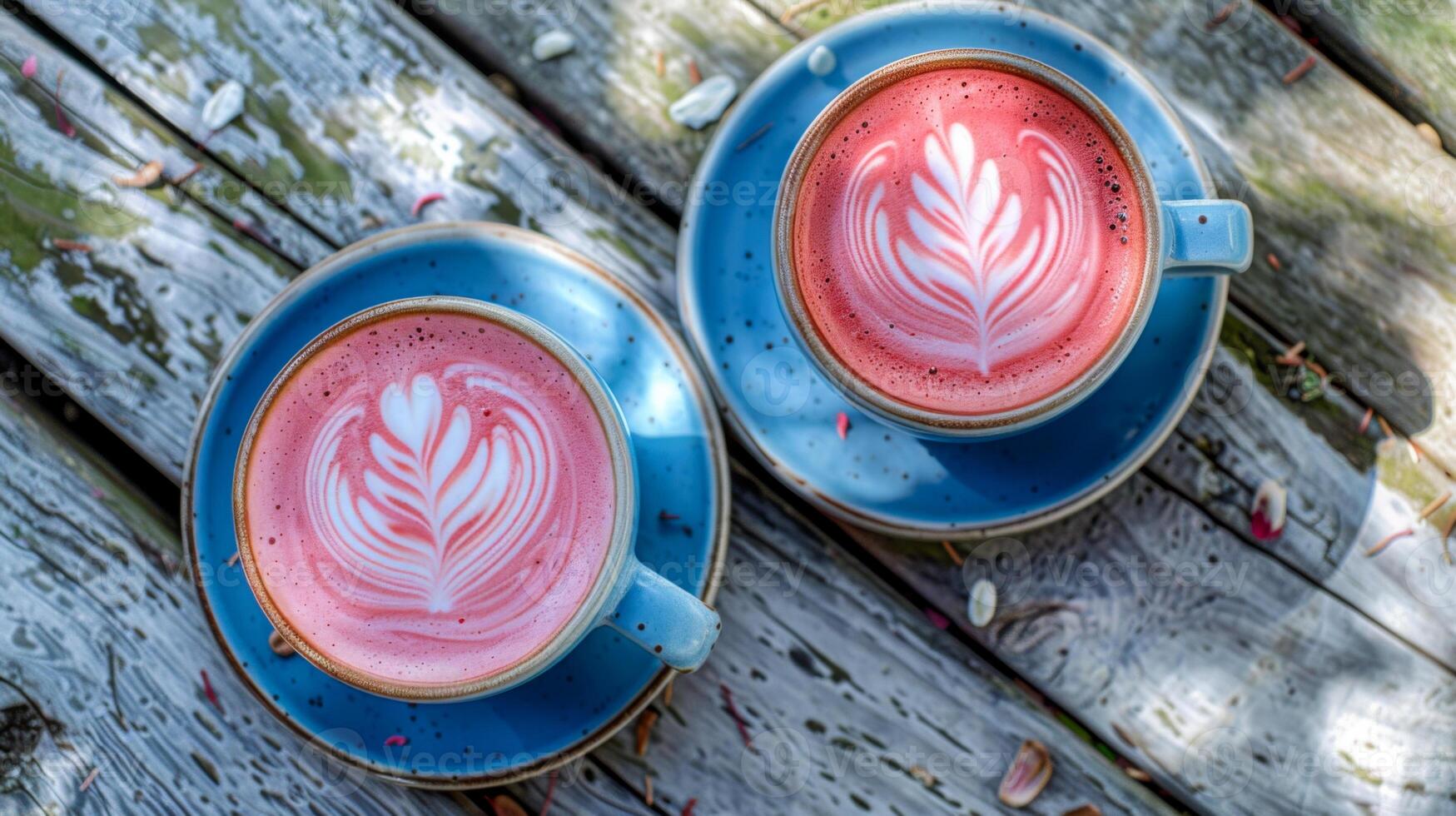 Two pink matcha powder cups of coffee, wooden background. Alternative cappuccino, latte with dragon fruit, beverage, rose. Natural hot organic nutrient-rich detox drink. Top up view moon latte mugs photo