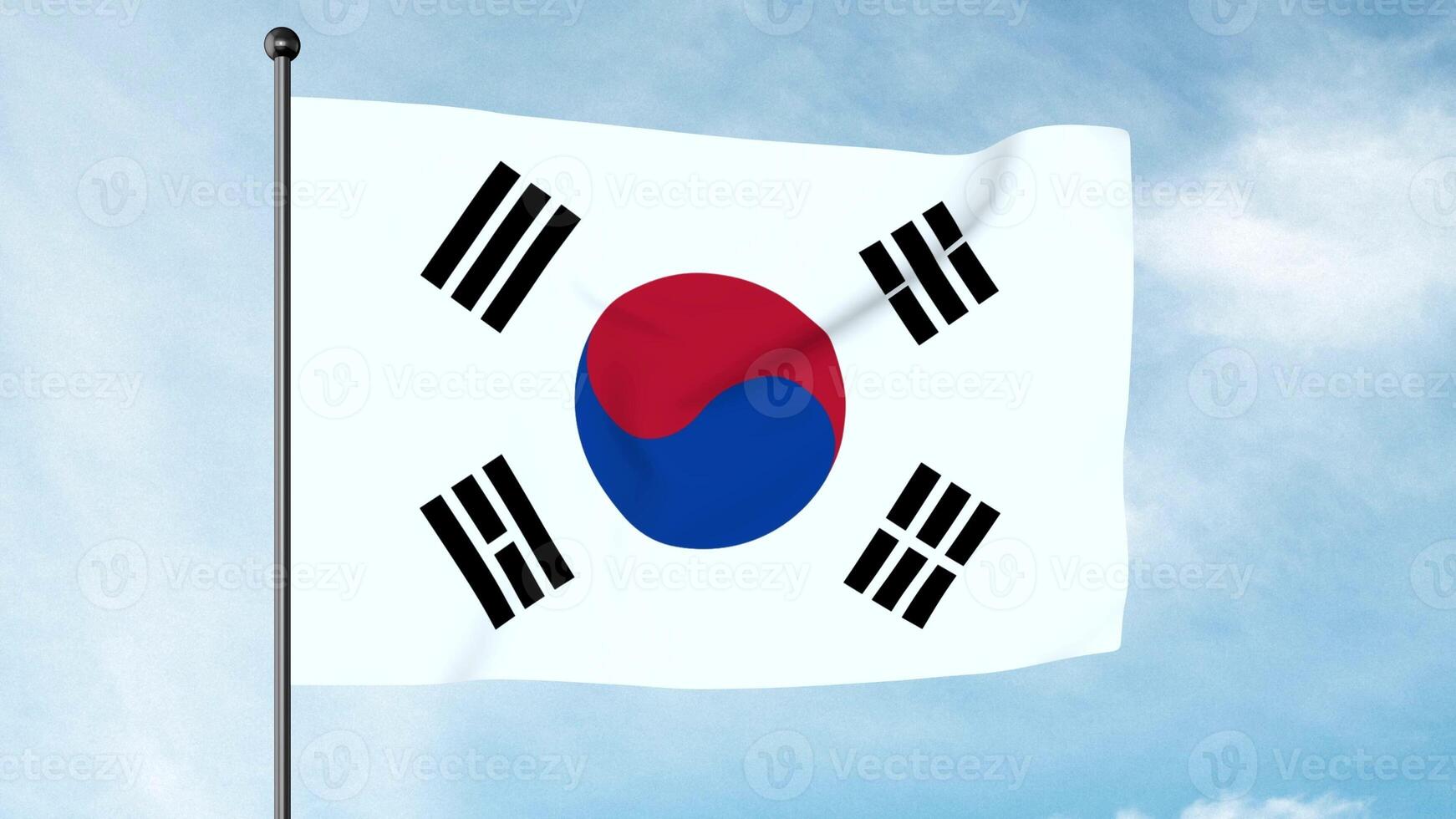 3D Illustration of The flag of South Korea, the Taegukgi, has three parts a white rectangular background, a red and blue Taegeuk in its centre, and four black trigrams, one in each corner. photo