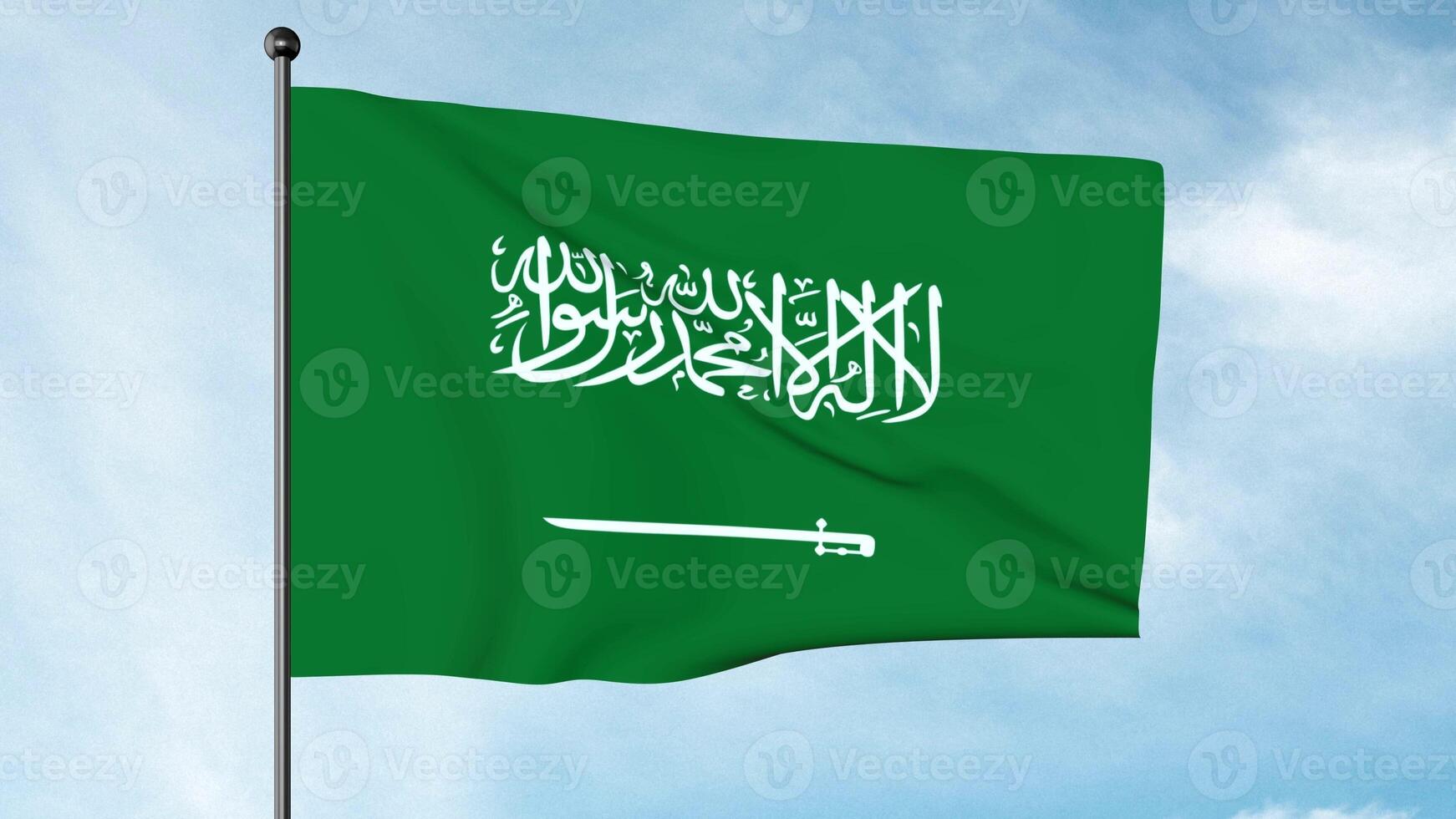 3D Illustration of The flag of the Kingdom of Saudi Arabia, a green flag featuring in white an Arabic inscription and a sword. There is no god but the God Muhammad is the Messenger of the God photo