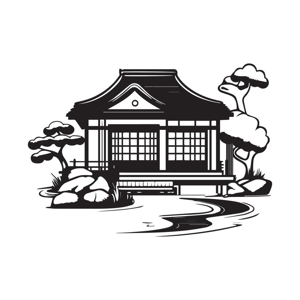 Japanese Garden House Stock Illustrations Isolated on White Background vector