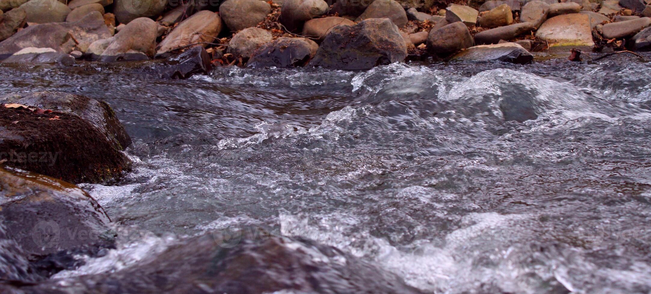 Fast Running Water Of Mountain Stream Between Wet Round Stones photo