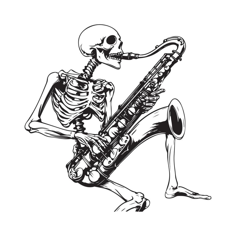 Skeleton Musician Playing a Saxophone in Monochrome Style Illustration on white background. vector