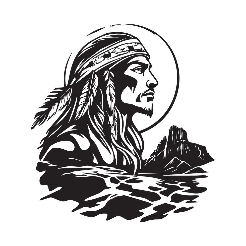 Apache Indian Logo Image Isolated Against a Landscape with Canyons Background vector