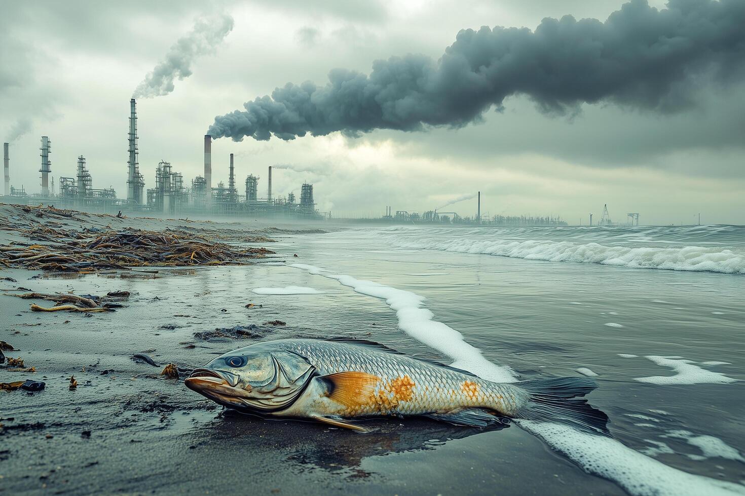 A stark image of a lifeless fish washed up on a polluted shore photo