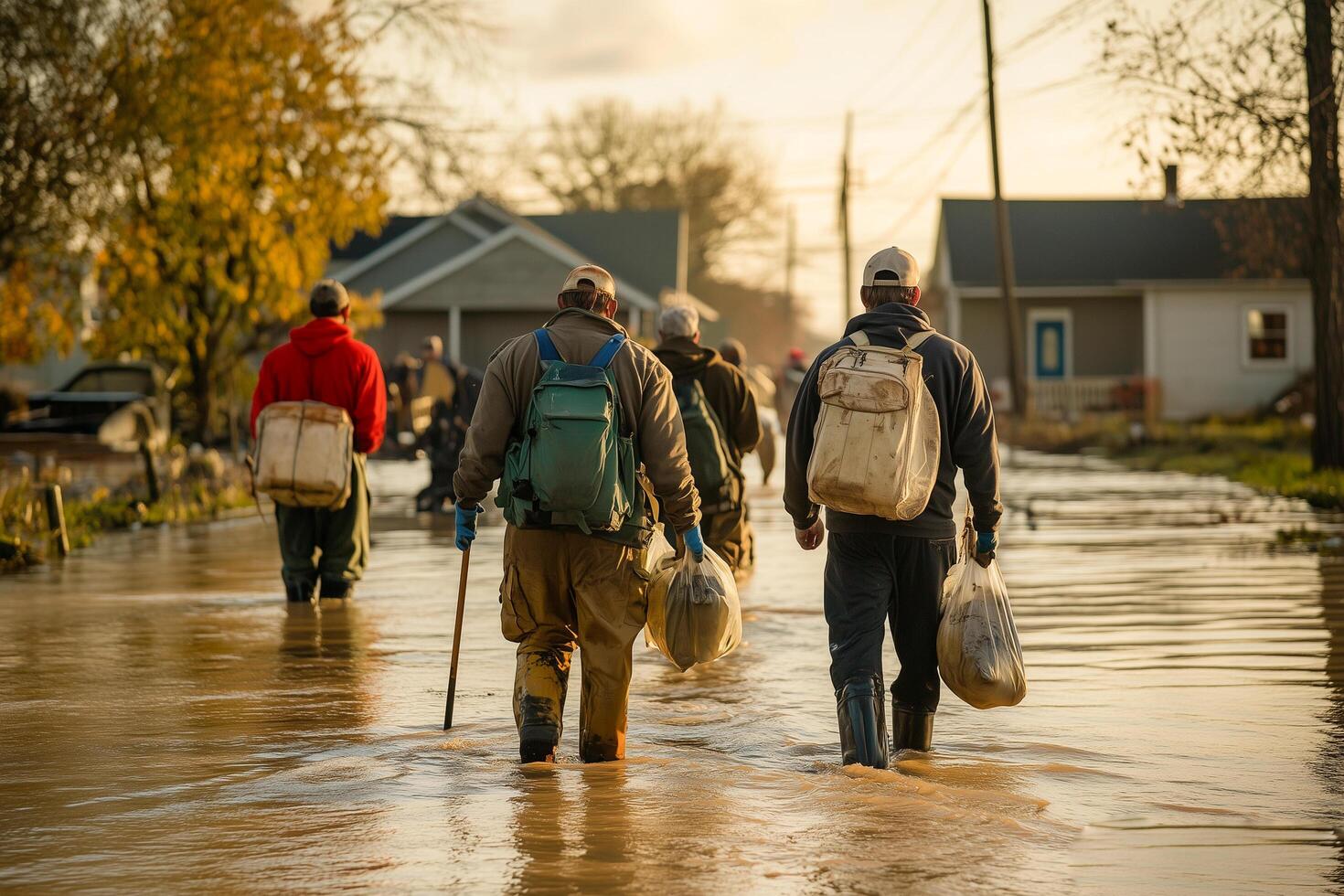 Residents walking through flooded street photo