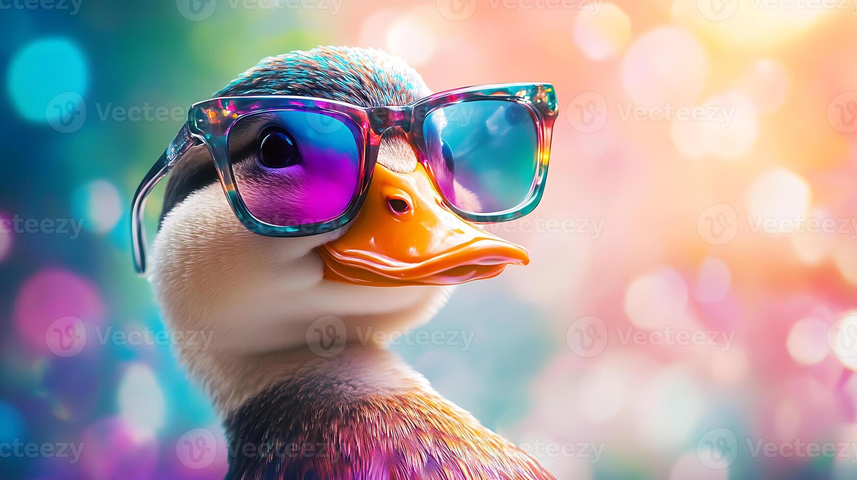 A sassy duckling rocking colorful sunglasses photo