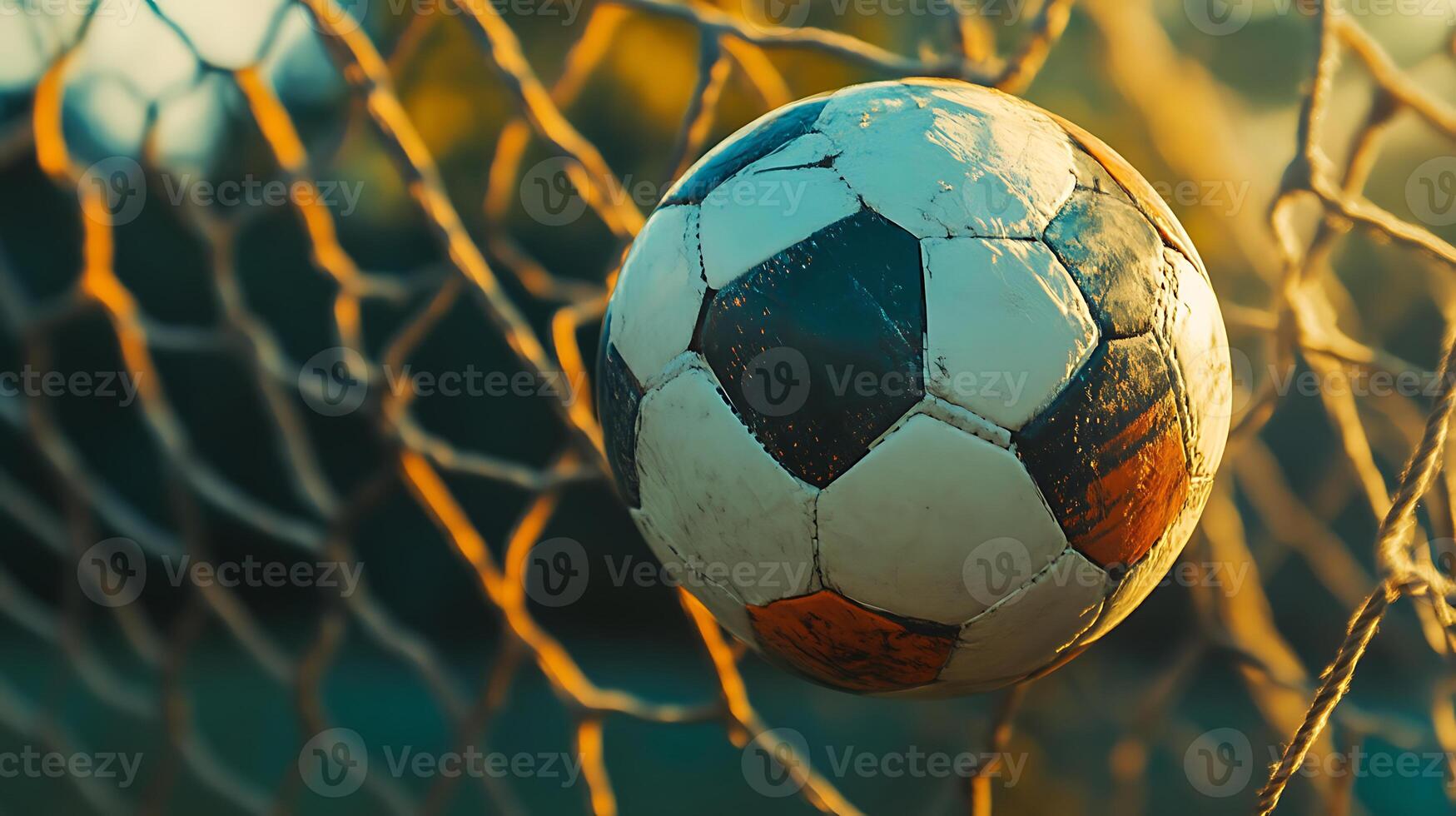 A well-worn soccer ball hangs in the net, bathed in the warm glow of sunset. photo