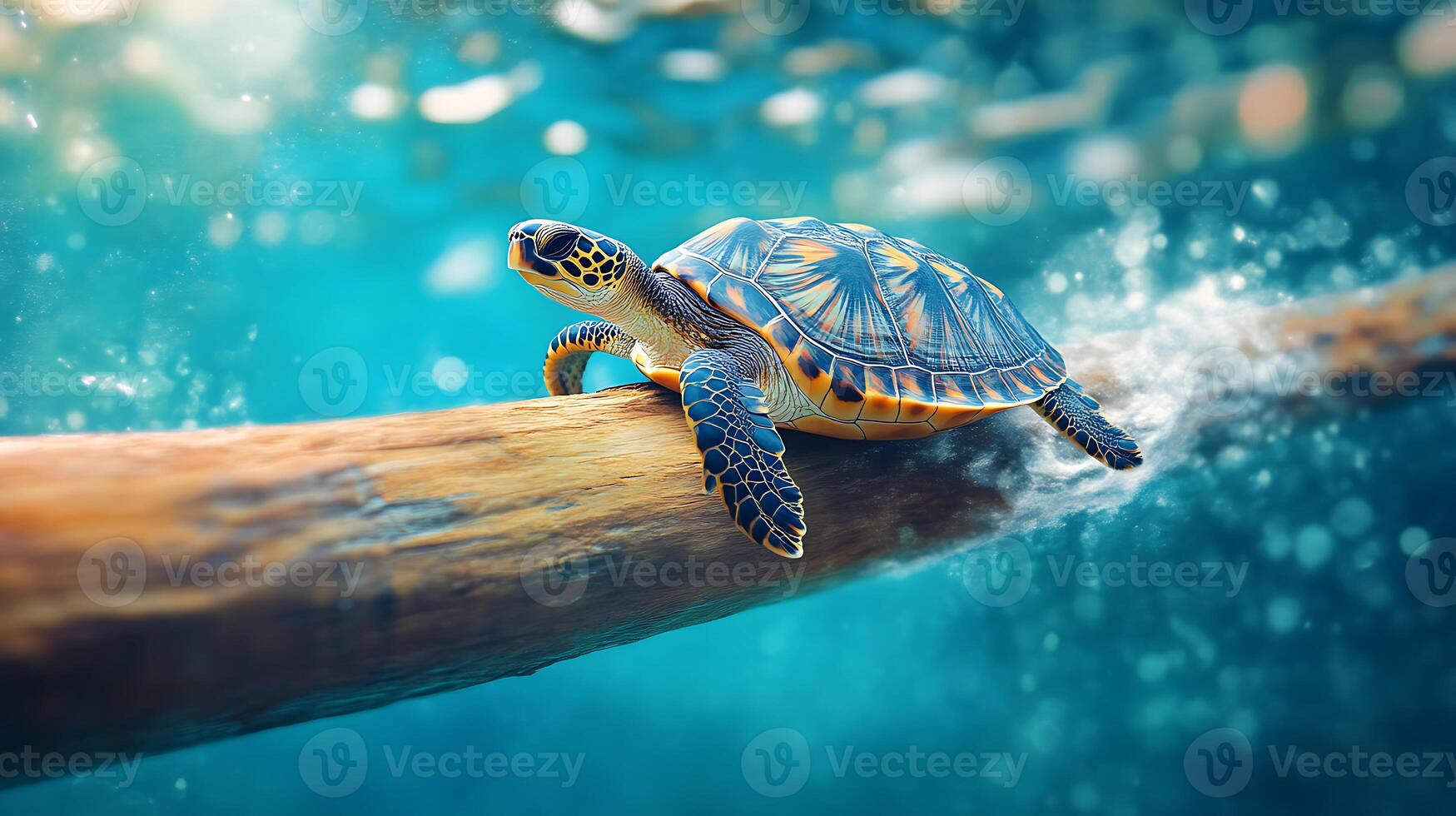 A little turtle is swimming under the sea using a log as a cling. photo
