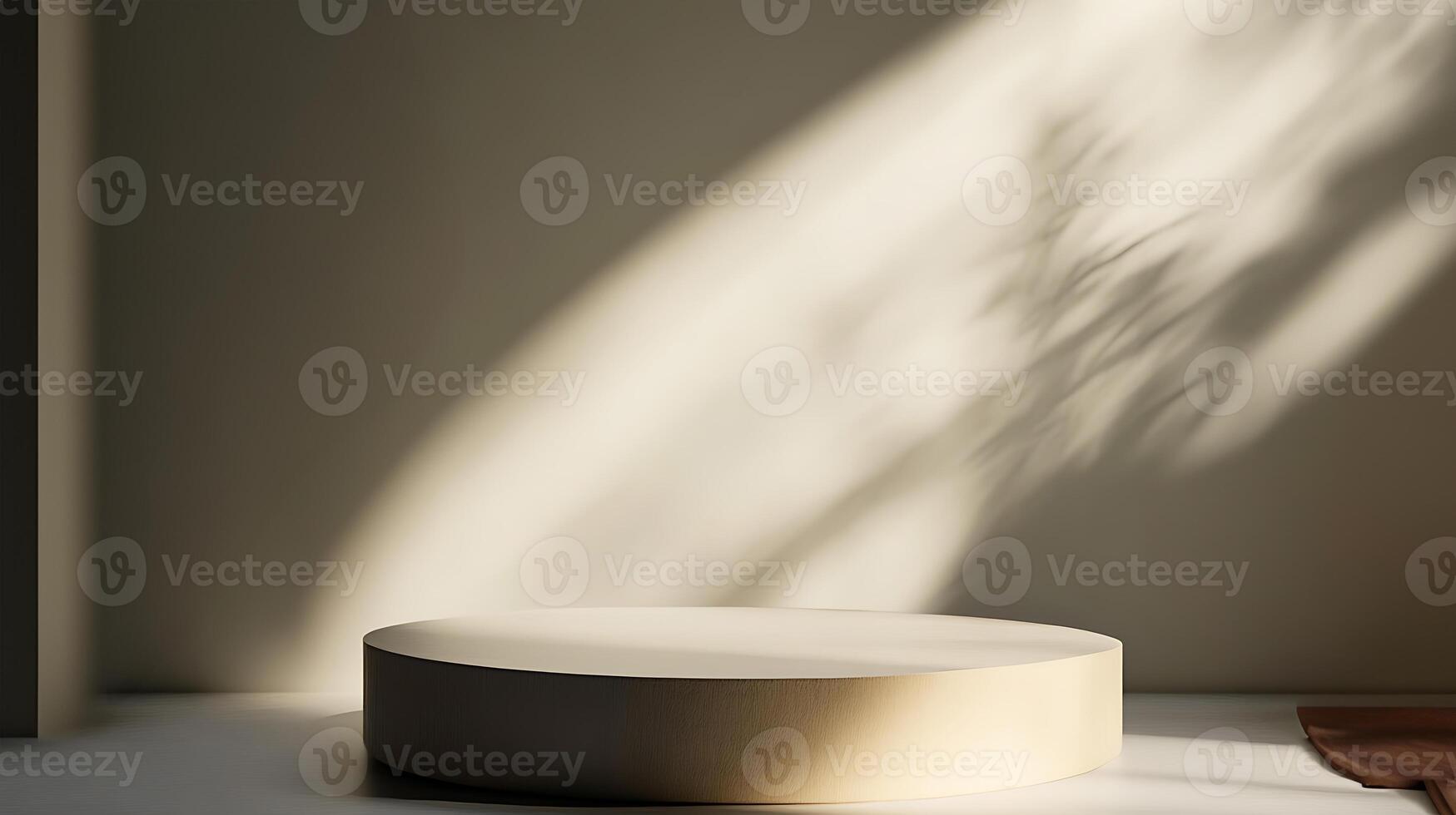 A sleek, round podium bathed in soft, natural light, creates a serene and inviting backdrop for showcasing products photo