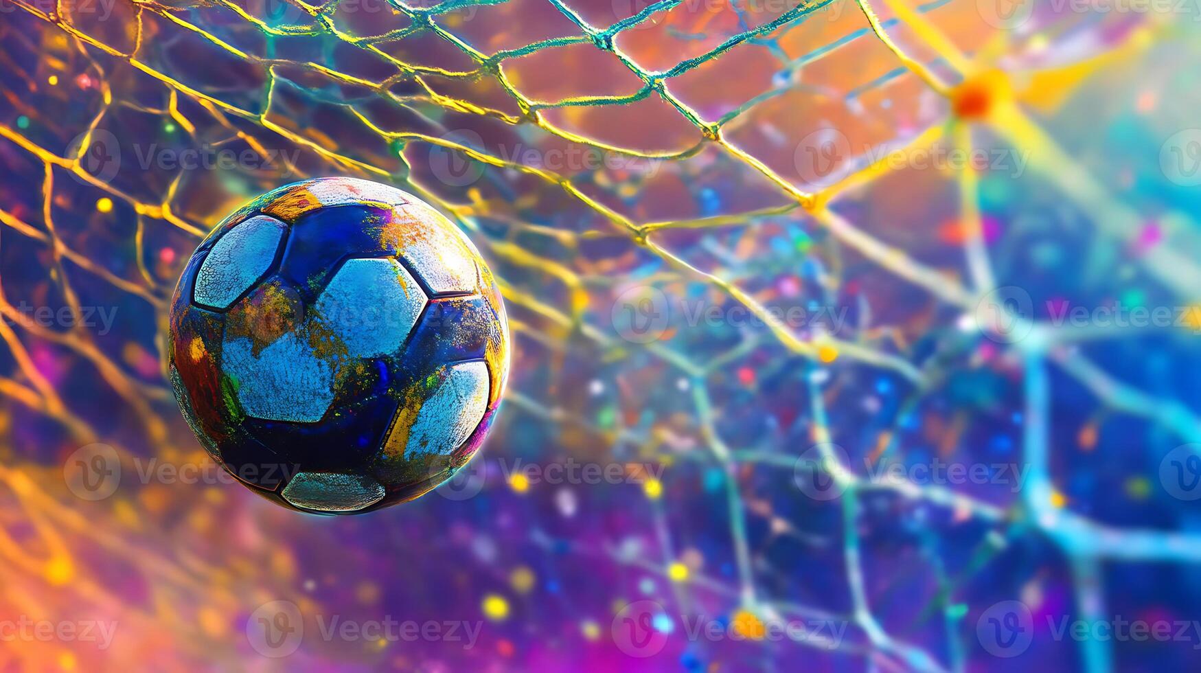 A vibrant abstract soccer ball bursts through the net, exploding with color and energy photo