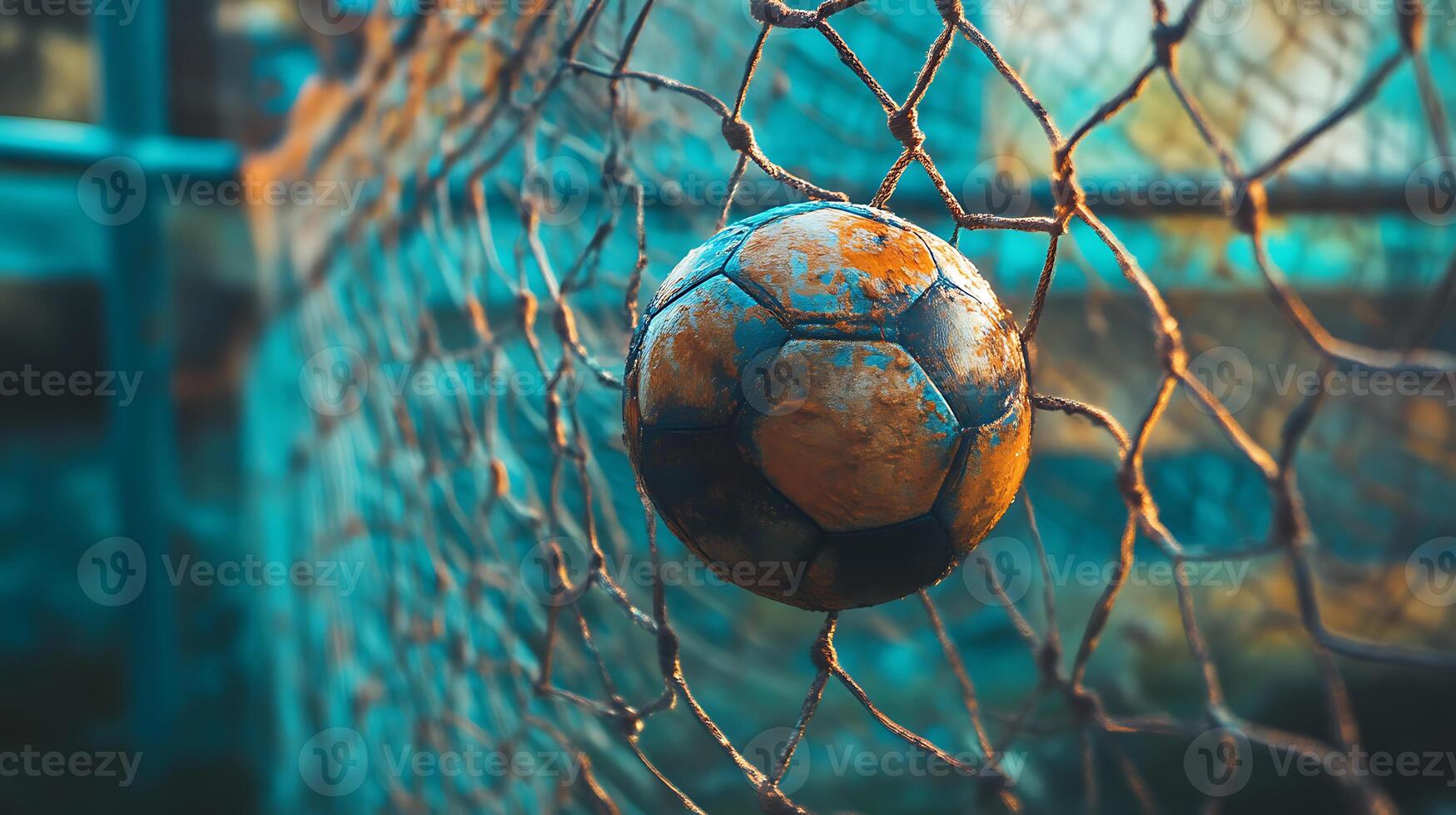 A weathered soccer ball rests in a worn net photo